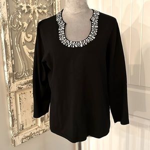 Black, Sequined Neck 3/4 Sleeve Top, Size XLarge